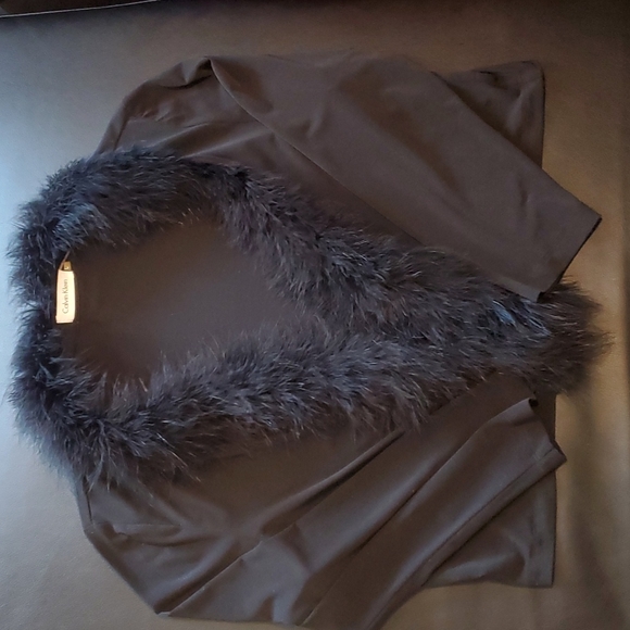 CALVIN KLEIN Womens Black Faux Fur Long Sleeve Open Cardigan Top Size: L - Picture 3 of 6